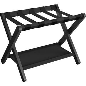 Folding Luggage Rack with Storage Shelf, Heavy-Duty, Holds 131 lb, Classic Black